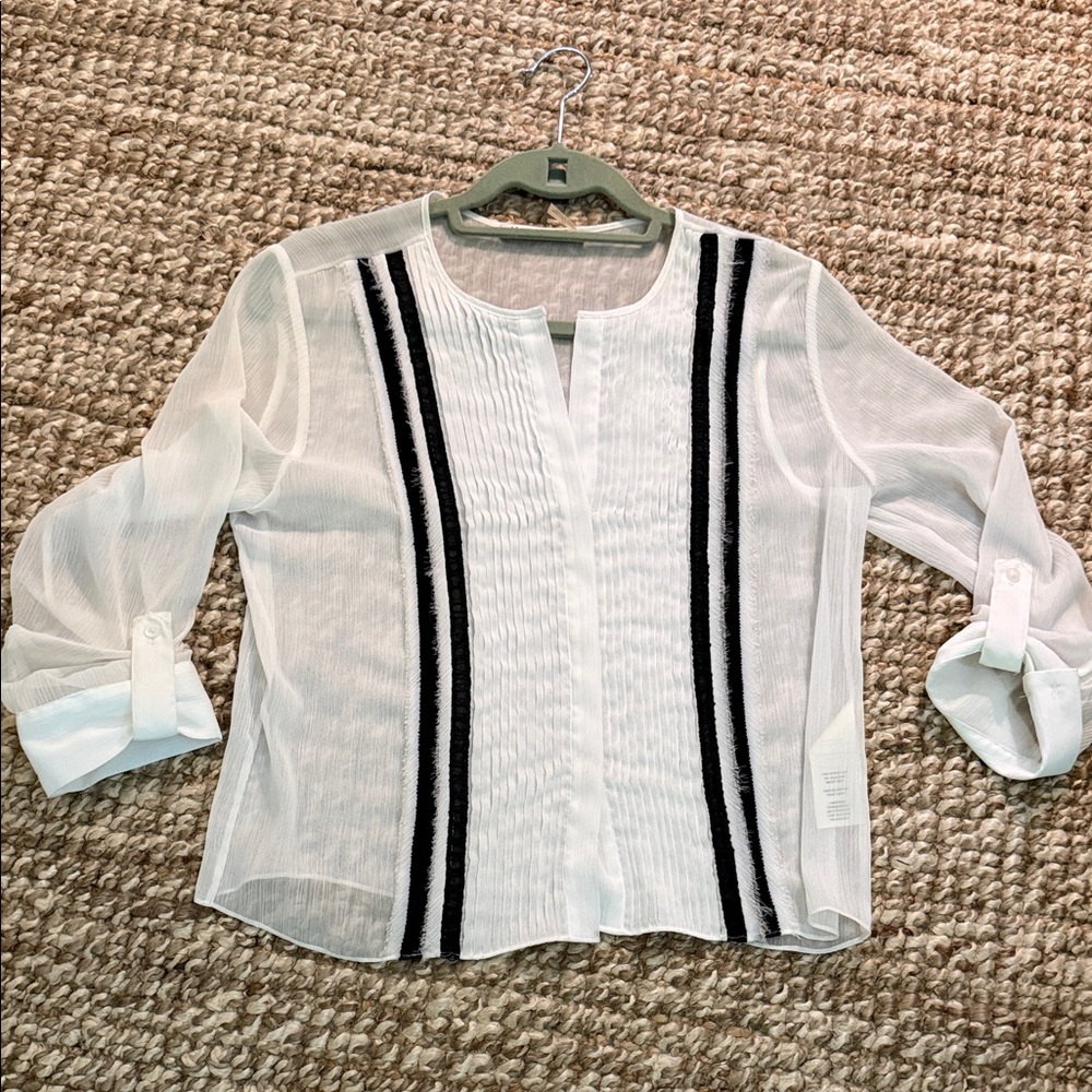 ALICE +OLIVIA Lightweight White Sheer Blouse with Black Stripe Accents